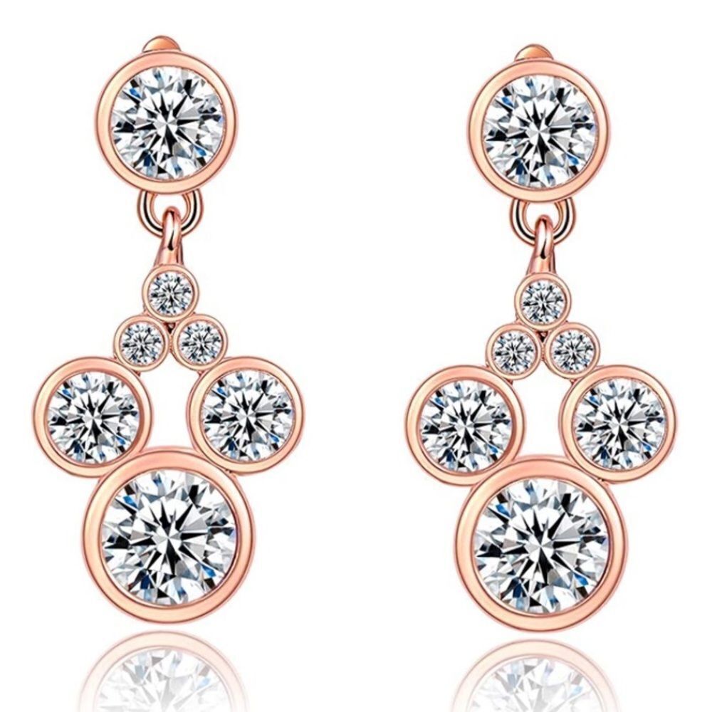 Rose Gold and Diamond Cubic Zirconia Mickey Mouse Post Back Dangling Earrings